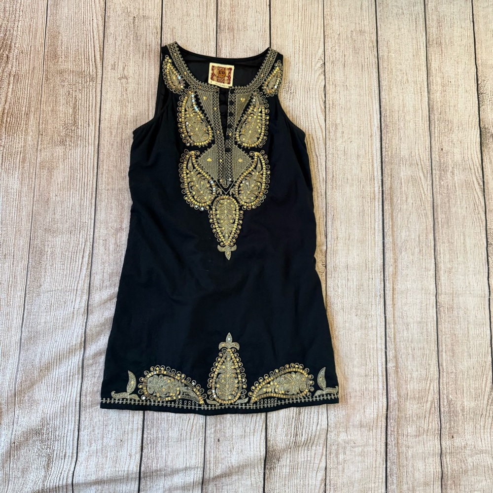 Free People Womens Sleeveless V Neck Embroidered Dress Cotton Black Gold Size 4